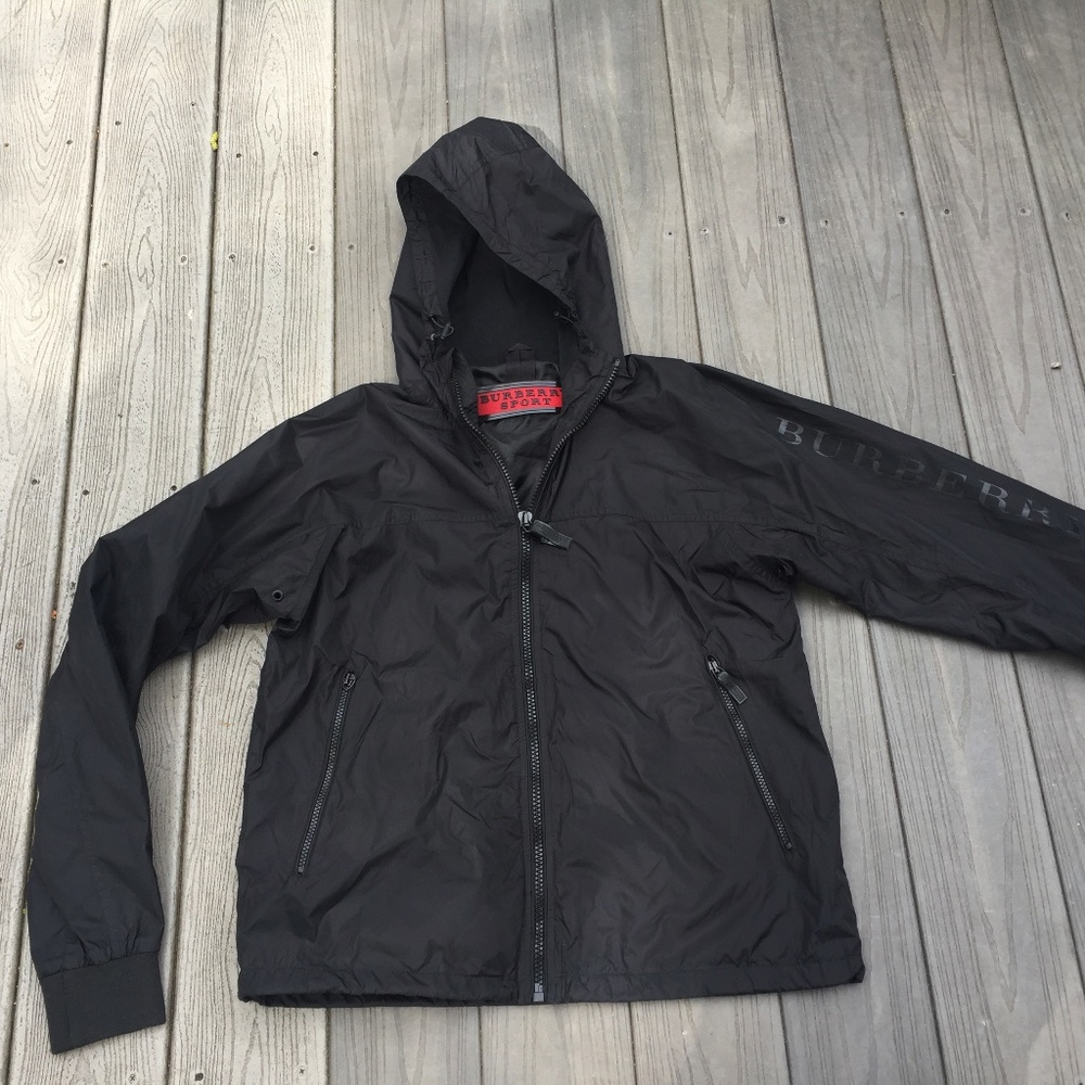 Burberry Sport Black Hooded Logo Jacket Raincoat.